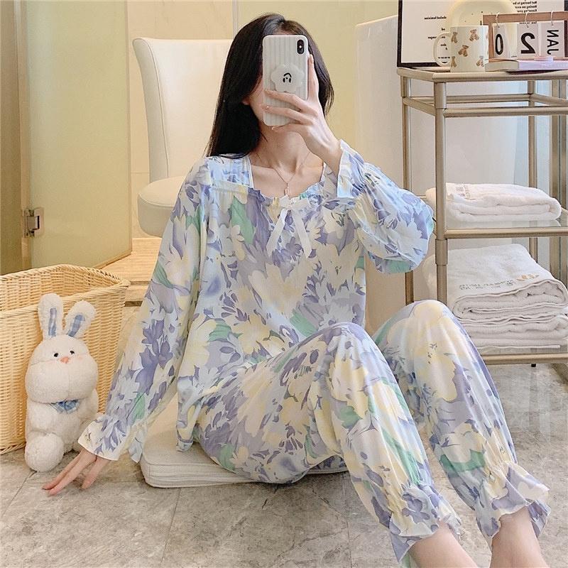 Пижамы женские с длинными рукавами из тонкого хлопка и шелка корейский комплект одежды для сна больших размеров