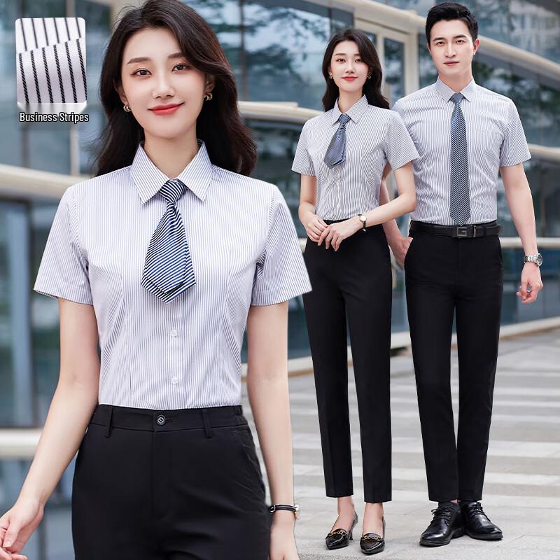 Унисекс полосатая рубашка с коротким рукавом в стиле business casual