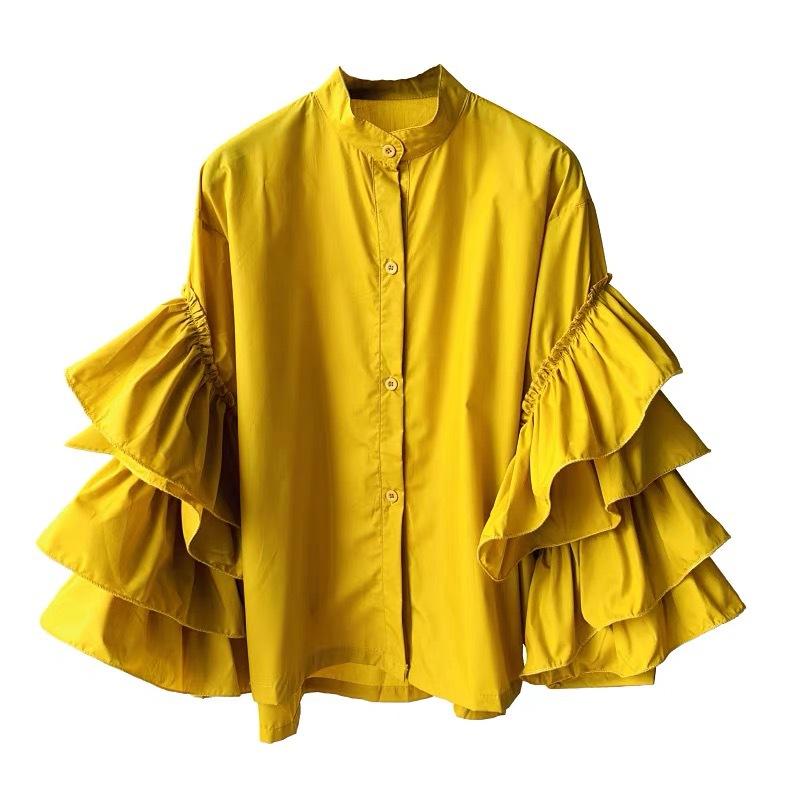 Стильная рубашка, женская, многослойная, с оборками, расклешенные рукава, свободные топы с воротником-стойкой