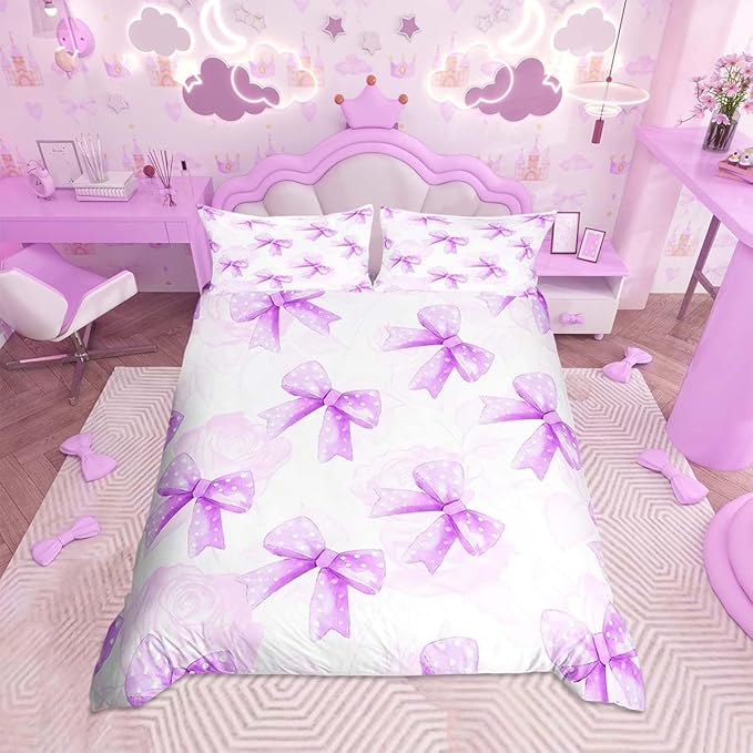 Pink Bow Bedroom anime Duvet Set Bedding King Size Luxury Cover  Polyester Christmas Decorations Cute Printed Cartoon home