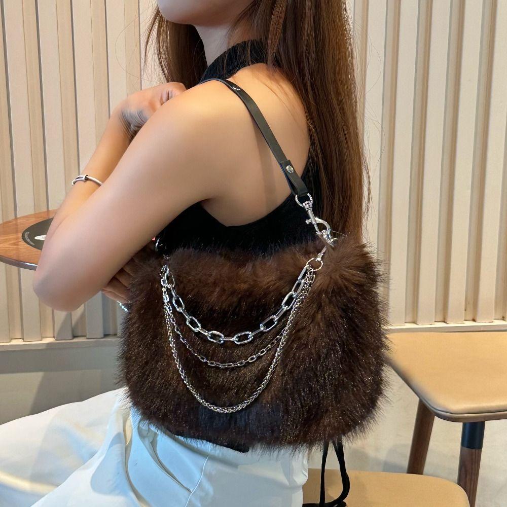 Y2k Fluffy Hobo Bags Portable Armpit Bag Portable PU Handbag Daily