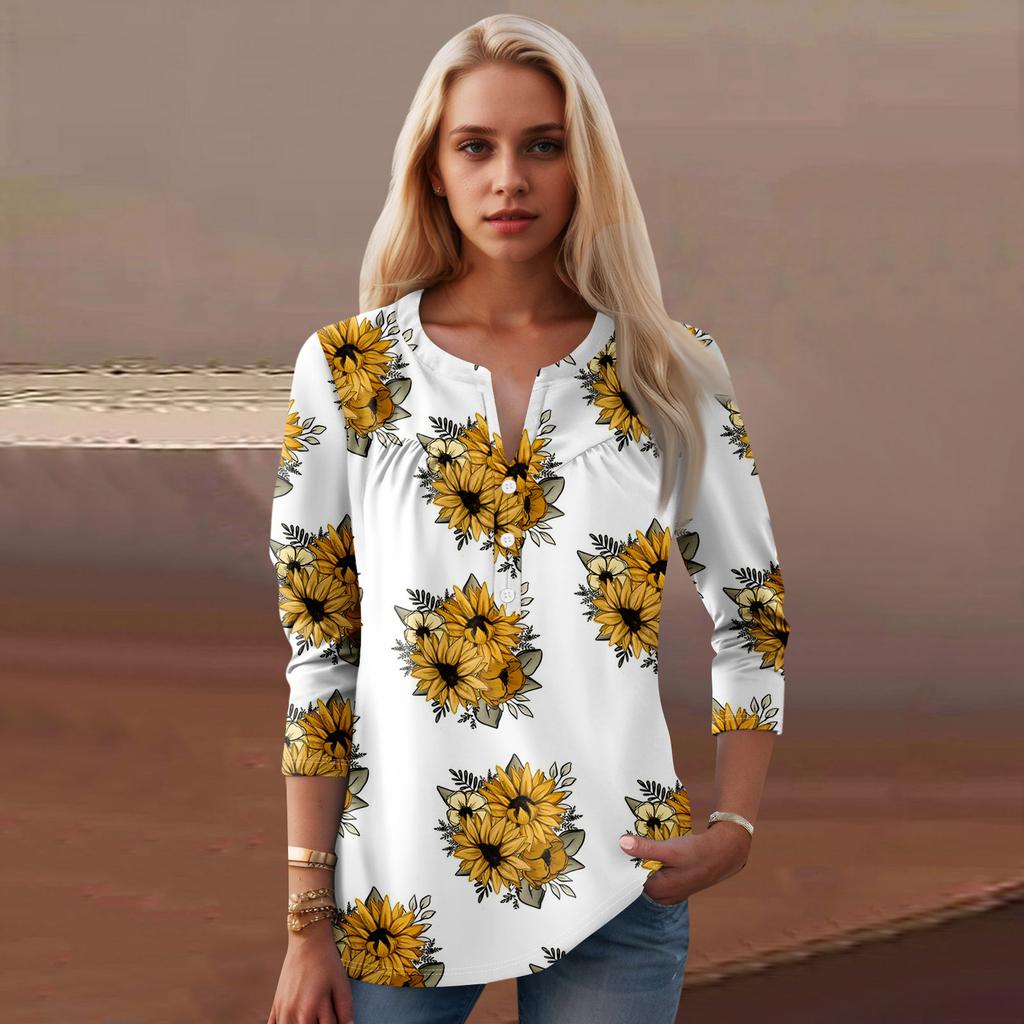 Женская мода повседневный топ с длинным рукавом и круглым вырезом с цветочным принтом
