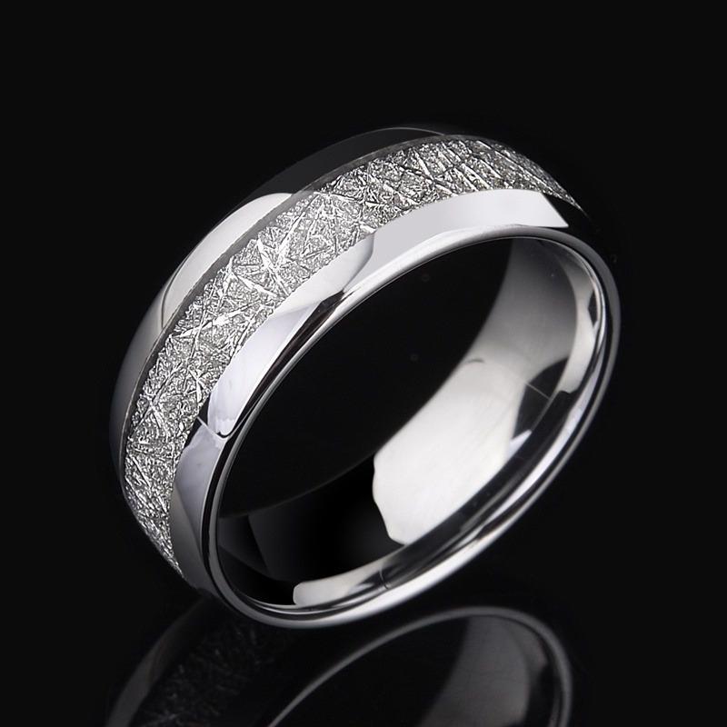 8mm Width Meteorite Stone Pattern Inlaid Silver Color Tungsten Steel Ring Couple Wedding Band Engagement Jewelry MIT