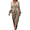 Women Dress Irregular Slit Hem High Waist Pleated Long Puff Sleeves Solid Color V Neck Formal Party Banquet Maxi Dress