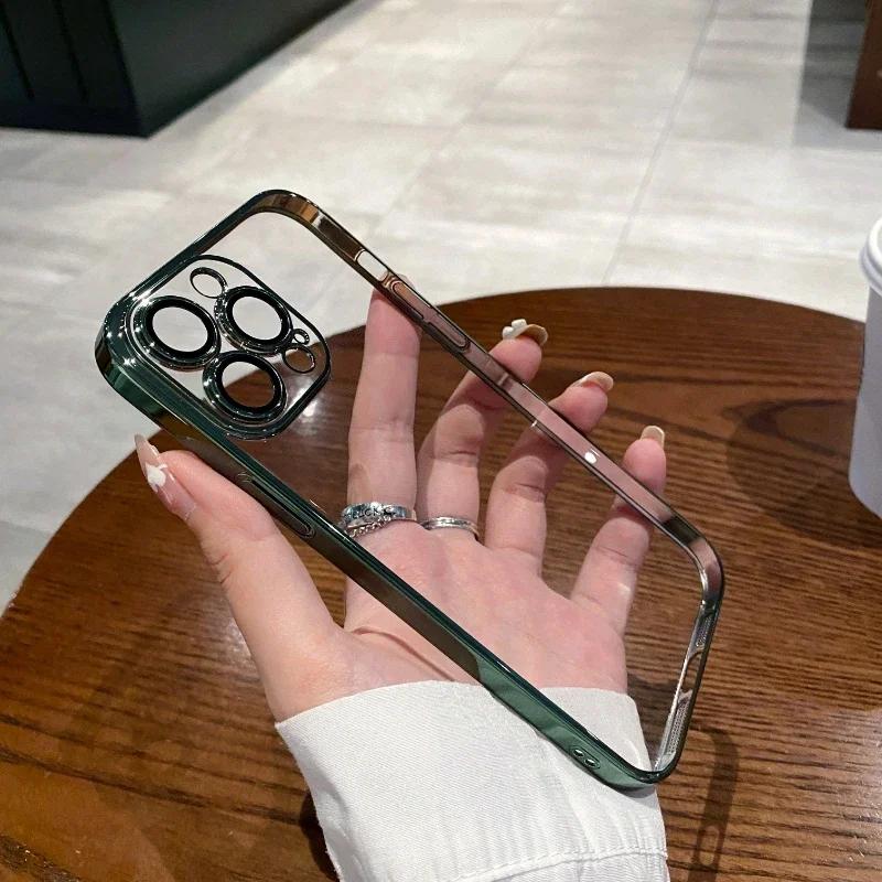 Luxury Electroplated Clear Silicone Phone Case For iPhone 15 Pro 14 13 12 Mini 11 X XR XS Max 78 Plus Lens Protection Back Cover