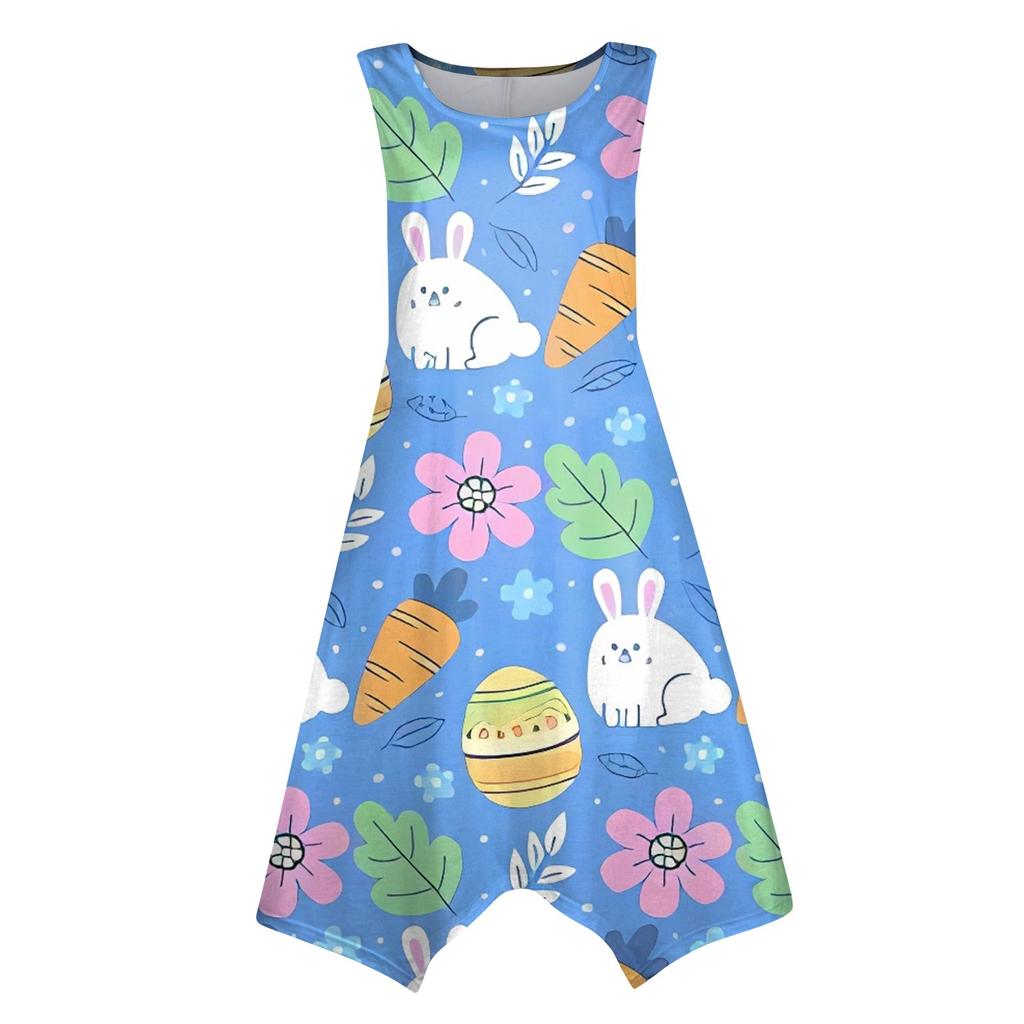 Women's Casual Fashion Round Neck Sleeveless Easter  Print Irregular Hem Midi Dress