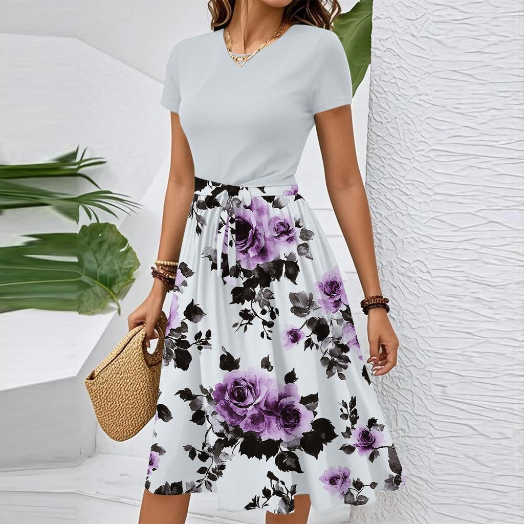 Women's Casual Fashion Belted Floral Print Short Sleeve Round Neck Elegant Dress