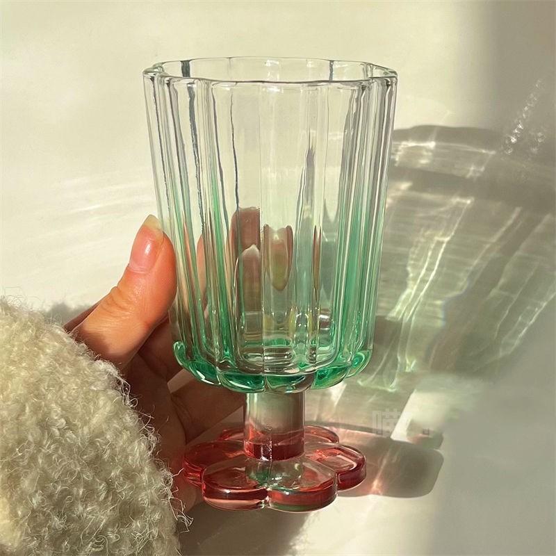Korean Simple Ice Cream Dessert Cold Drink Cup Glass Court Style Flower Shape Tall Glass Color Matching Champagne Red Wine Glass