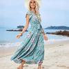 Women's Summer Printed Drawstring Tie V-Neck Short Sleeve Resort Dresses
