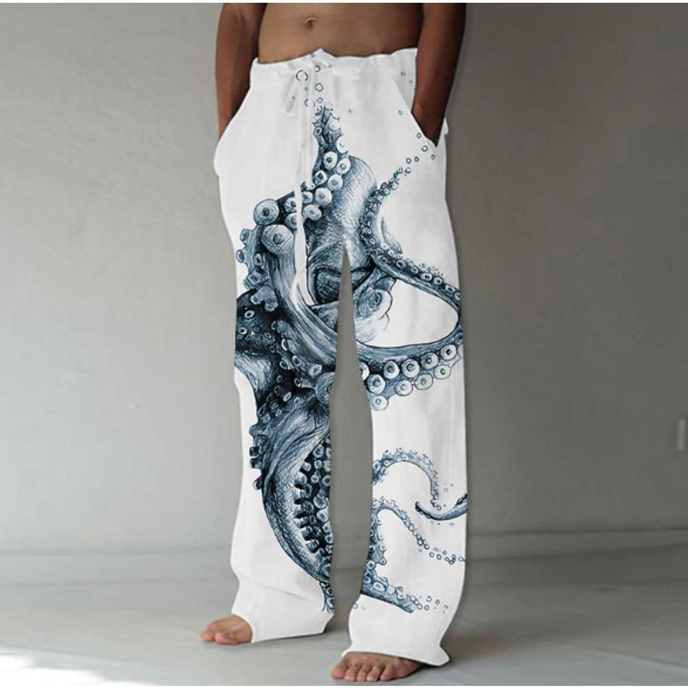 Men's 3D Octopus Printed Baggy Casual Trousers, Mid‑Waist Boho Pants, Elastic Drawstring Waist with Pockets, for Spring Summer Home Outdoor Vacation