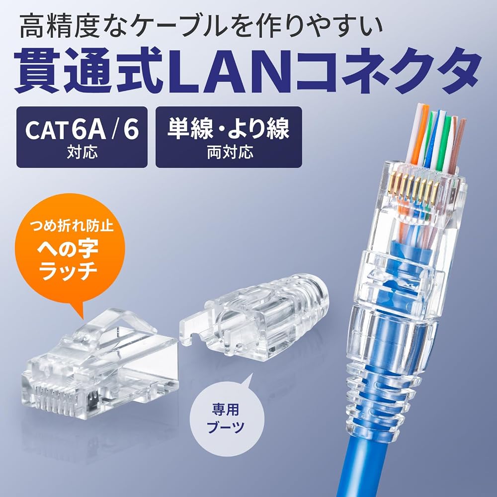 Sanwa Supply RJ-45 Connectors Category 6A, Through-Type, L-Latch, with Boot, 100-Pack.