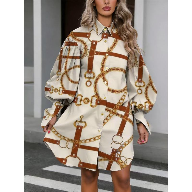 Spring new women's clothing lantern sleeves letter printing personalized splicing temperament versatile loose and thin shirt dress