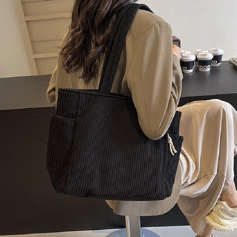 Simple Solid Color Large Capacity Women Corduroy Shoulder Tote Bag For Everyday Wear