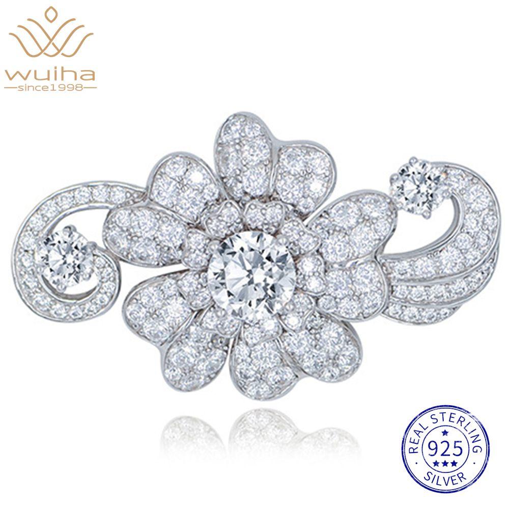 Wuiha 100% 925 Sterling Sliver Lab Sapphire High Carbon Diamond Gemstone Flower Brooch Brooches Corsage Cocktail Fine Jewelry