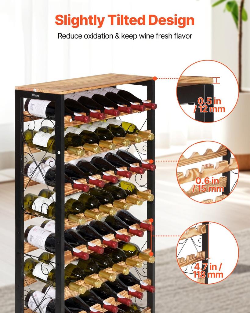 48 Bottle Wine Rack,8-Tier Iron Wine Bottle Holder With Wood Table Top,Freestanding Floor Display Wine Storage Shelves,For Kitchen Pantry, Cellar,