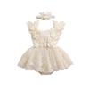 Baby Girls Rompers Dress Lace Butterfly Fly Sleeve Mesh Skirt Hem Jumpsuits Bodysuits with Headband