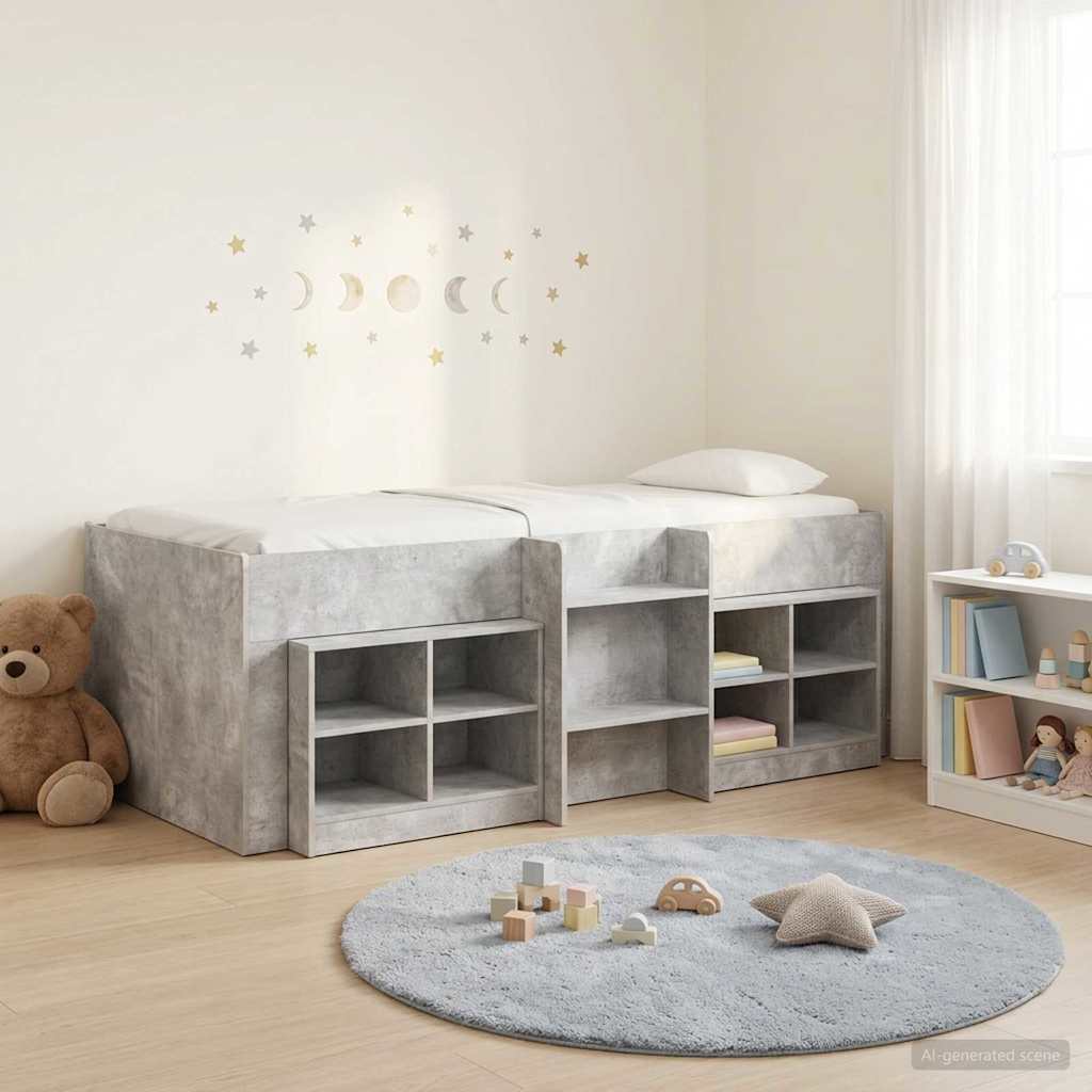 Loft Bed Frame with Wardrobe 3 pcs Concrete Grey Engineered Wood