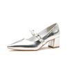 Silver High Heels Autumn New Pointed Head Light Mouth Pearl Word with Thick Heel Mary Jane Single Shoes Women