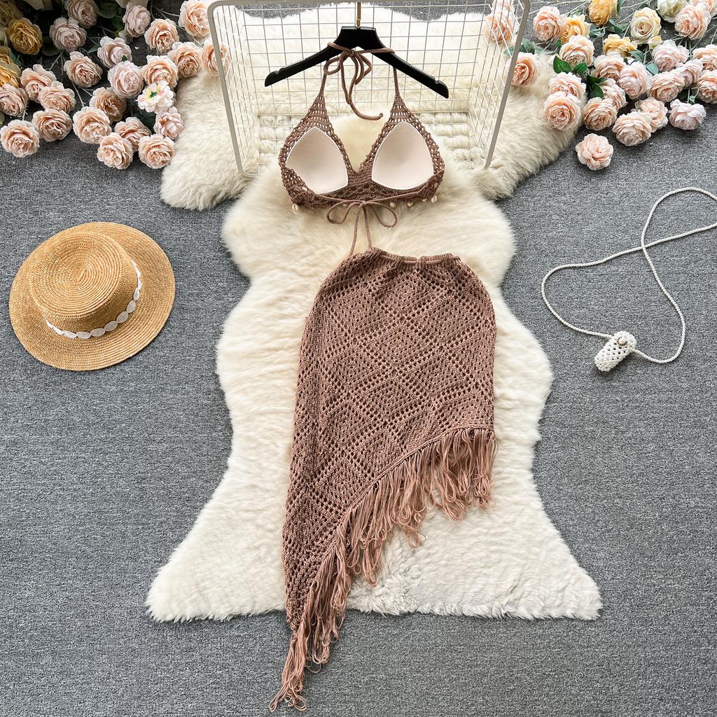 Summer Vacation Sexy Suits Strapless Halter Backless Bikini Set Drawstring Tassel Skirt Women Beach Knitted Fashion Two Pieces Suits