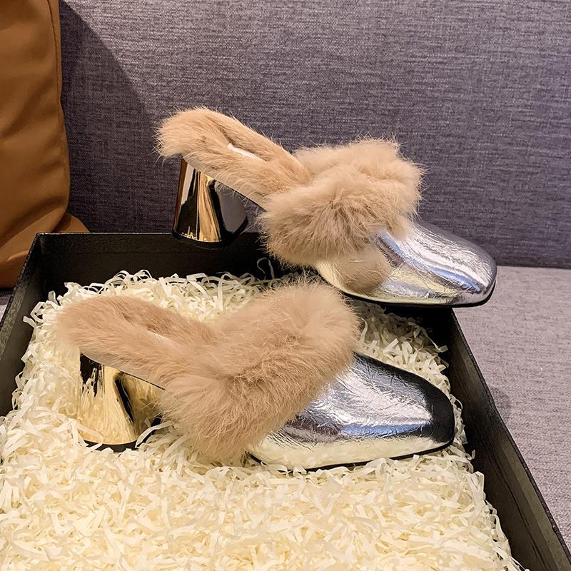 Winter Outside High Heel Modern Slippers Square Heel Pull On 2024 High Quality Shoes Female Solid Shallow Novelty Slippers