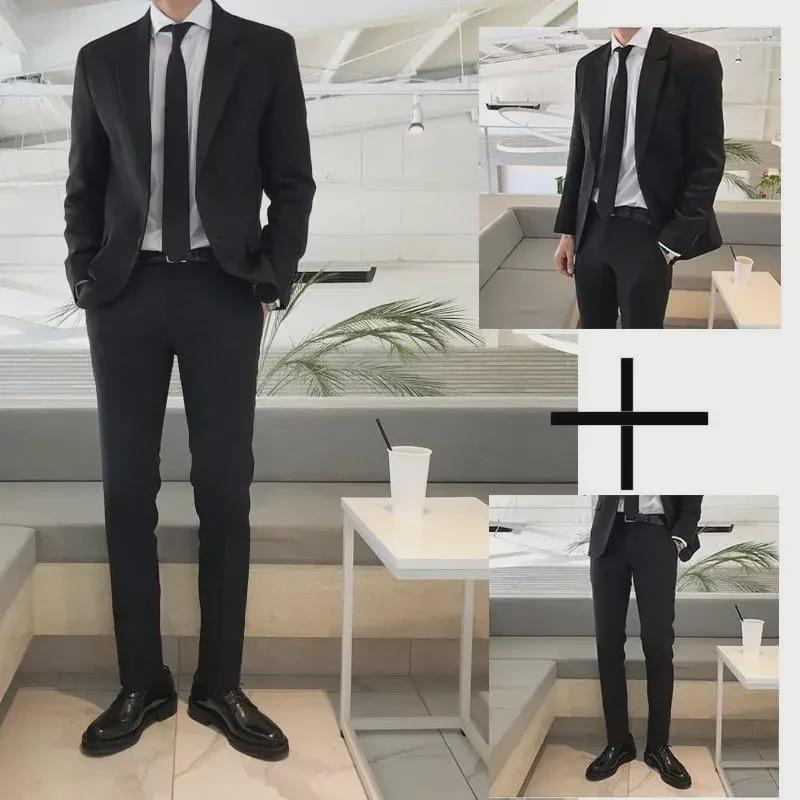 Men's Slim-Fit Korean Casual Suit Jacket and Trousers Set