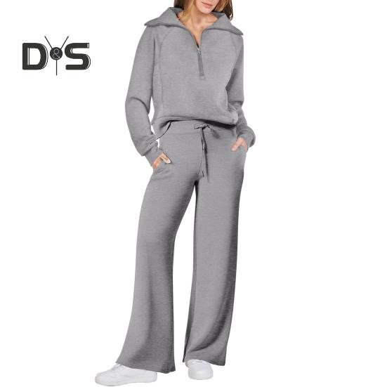 2 Pcs/Set Fall Winter Coat Trouser Suit Lapel Solid Color Thick Loose Solid Color Zipper Decor Long Sleeve Wide Leg Drawstring Elastic Waist Lady