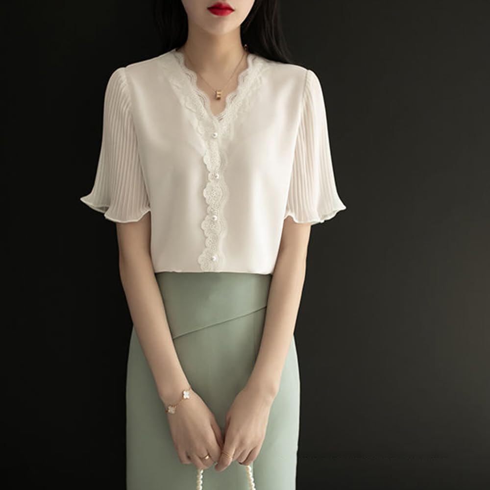 Кружевная блузка Шифоновые топы Расклешенный короткий рукав Корейский стиль Летний Стильный Аккуратный Тонкий Взрослый Милый Свободный крой Стройнящий Повседневный Офисная работа ОЛ Свидание [SYitong]