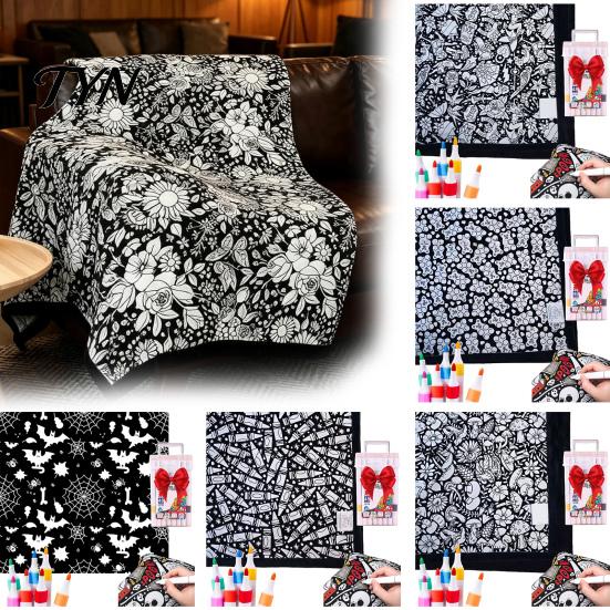 Gift for Creative Kids DIY Coloring Blanket with 24 Markers, Color Your Own Blanket, 59" x Soft Polyester Painting 45" Cozy Throw Sofa, Couch,