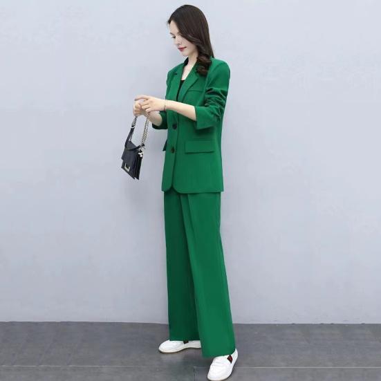 2 Pcs/Set Women Coat Pants Set Lapel Single Button Mid Length Cardigan Long Sleeve Jacket Wide Leg High Waist Straight Trousers Lady Formal