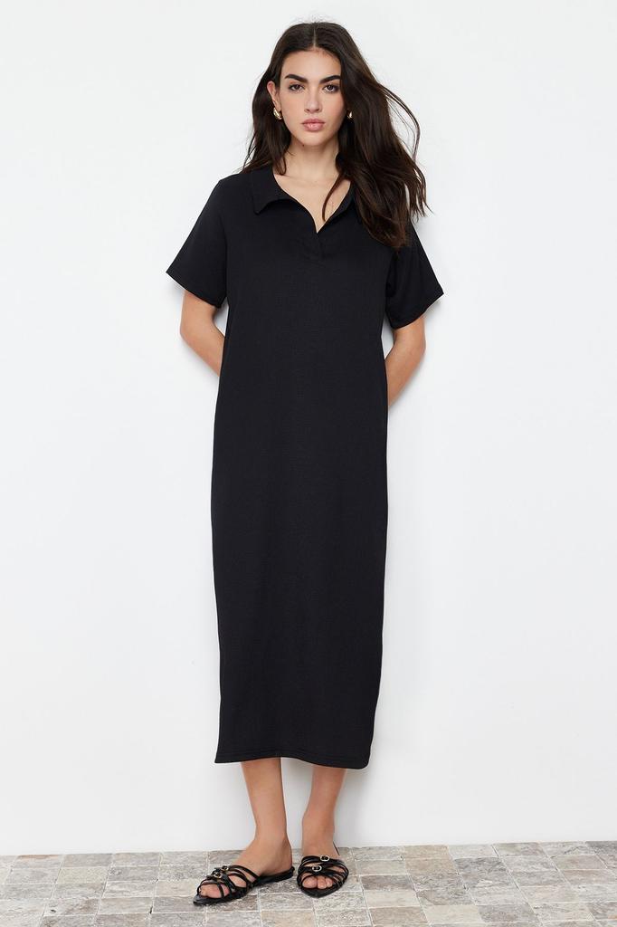 Women's Fashion Black Polo Neck Short Sleeve Midi Twist Textured Knitted Dress