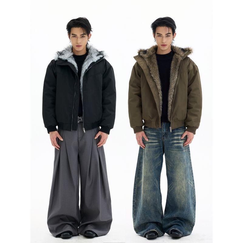 Kisko Winter Trendy Brand Mountain Carving Fur Collar Deconstructed Thickened Cotton Jacket for Men and Women, Cool and Loose Casual Warm Coat