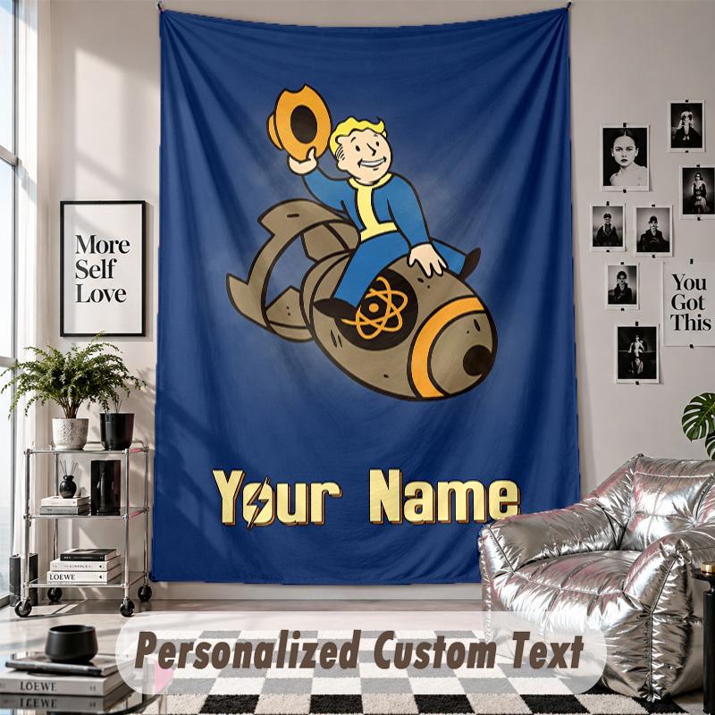 Custom Tapestry Wall Hanging, Fallout Vault Boy Personalized Name Text Home Wall Decor