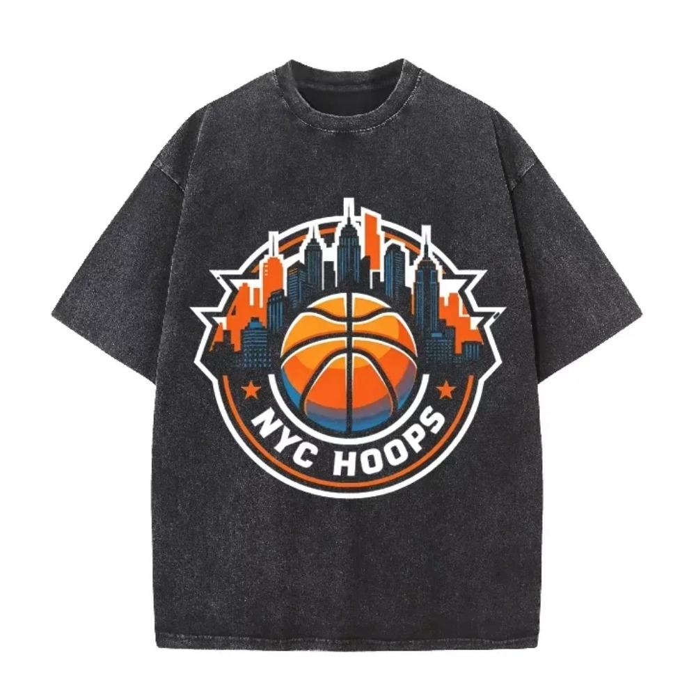 Винтажная стираная зеленая футболка NYC Hoops Нью-Йорк Баскетбольная панорама Принт Свободная Короткий рукав Спортивная Повседневная