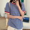 2025 летние простые футболки с коротким рукавом для женщин, модные повседневные свободные базовые футболки в синюю полоску, футболки для студентов в стиле Харадзюку, кавайные, топы для улиц y2k