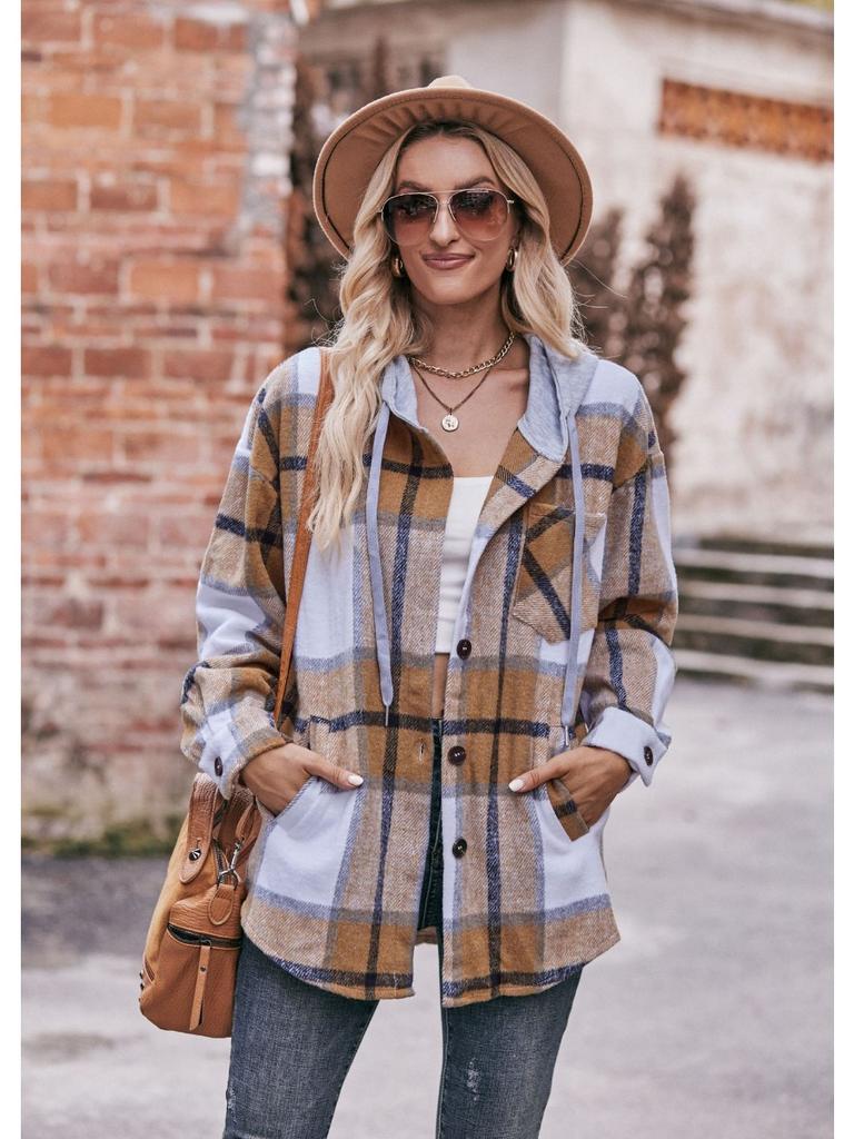 2024 New Autumn and Winter Fashion Simple Casual Hooded Plaid Shirt Loose and Comfortable Commuting Medium Length Women's Coat