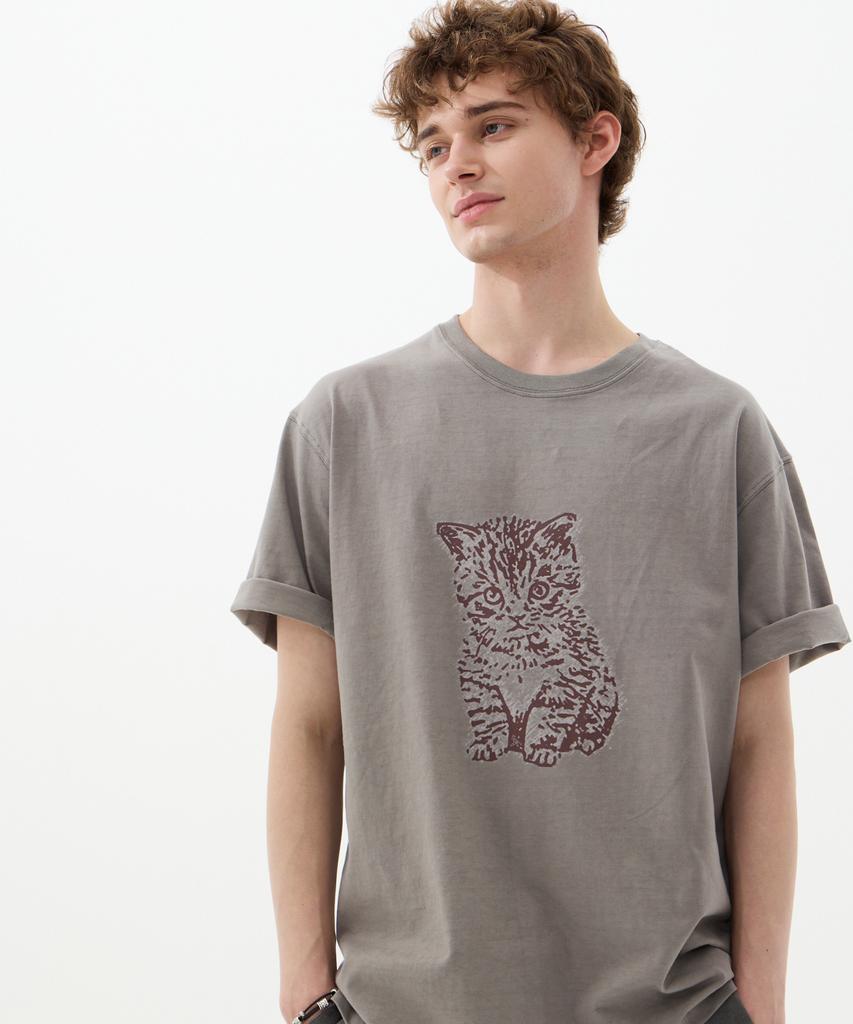 LEARVE Night Kitten Print Pigment T-Shirt Gray