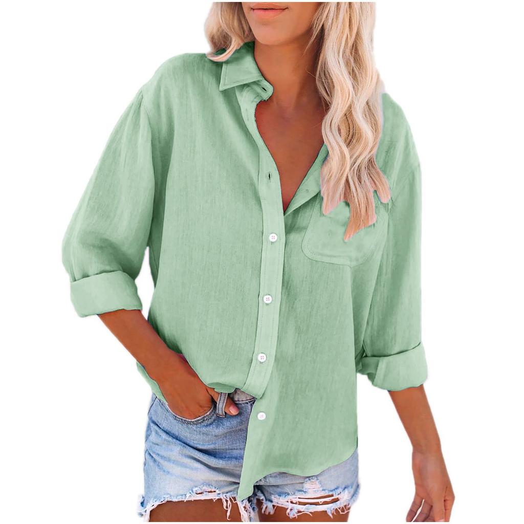 Women's Fashion Lapel Single Breasted Pocket Long Sleeve Solid Colour Casual Shirt Top