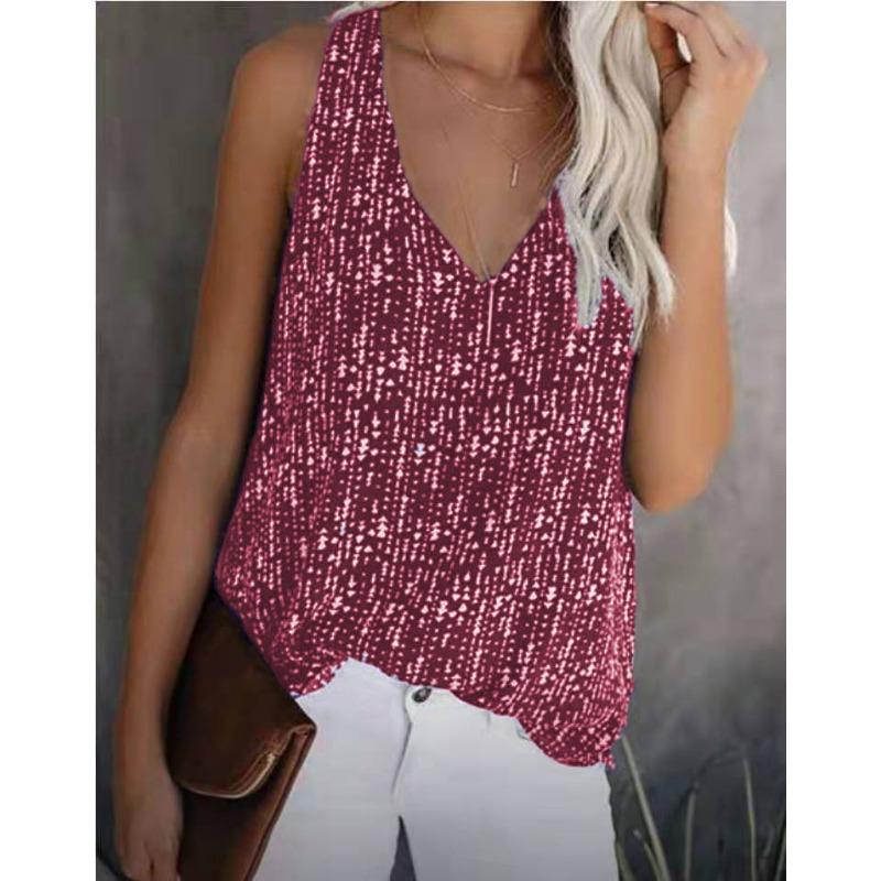 Модный летний свободный повседневный топ без рукавов с V-образным вырезом и принтом