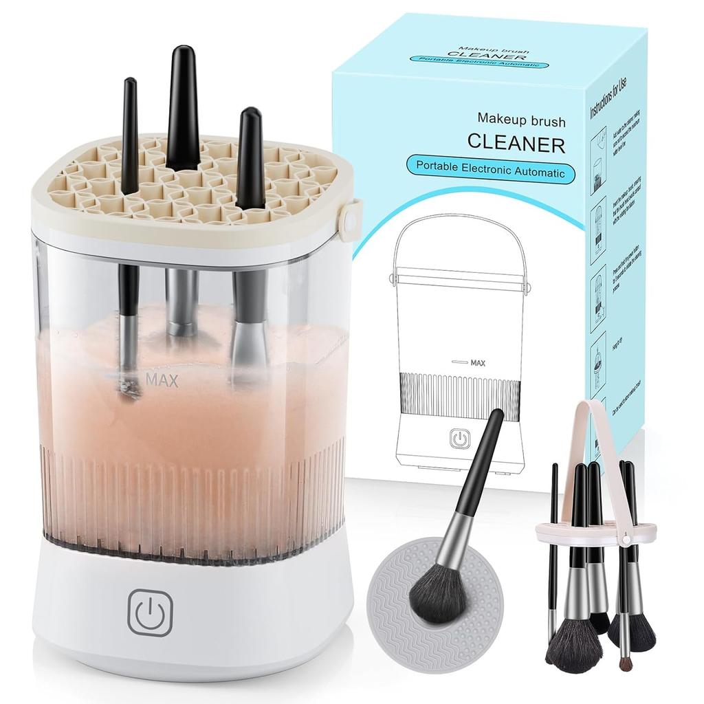 High-Speed Electric Makeup Brush Cleaner, Automatic Beauty Tool Cleaner for Makeup Brushes and Sponges, Portable Wireless Brush Washer, White