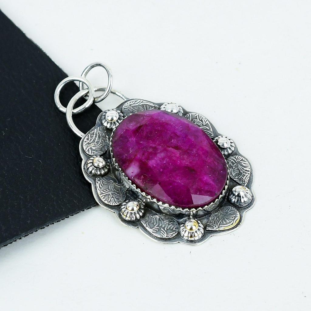 Dainty Kashmir Ruby Gemstone Silver Pendant In 925 Sterling Silver- Handmade Design, Everyday Wear Jewelry, Unique Pendant Wadding Gifts