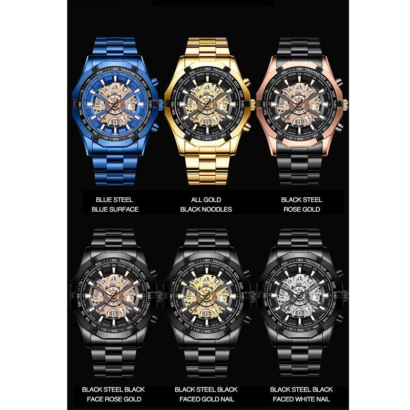 BINBOND Men's Quartz Watches Top Brand Luxury Stainless Steel Waterproof Hollow Out Blue Big Male Wristwatches Relogio Masculino