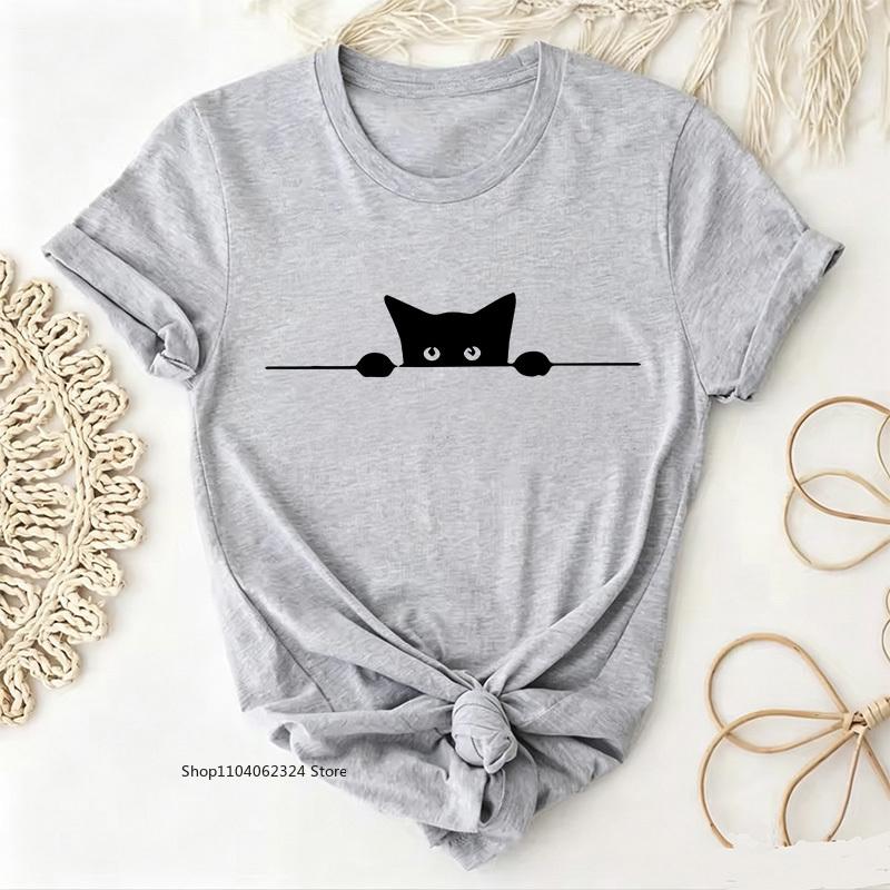 TXTrendy Kawaii Cat Print T-shirt Women's Summer Round Neck Cute Cat Y2K Graphic Tee Summer Streetwear Casual Woman Clothing