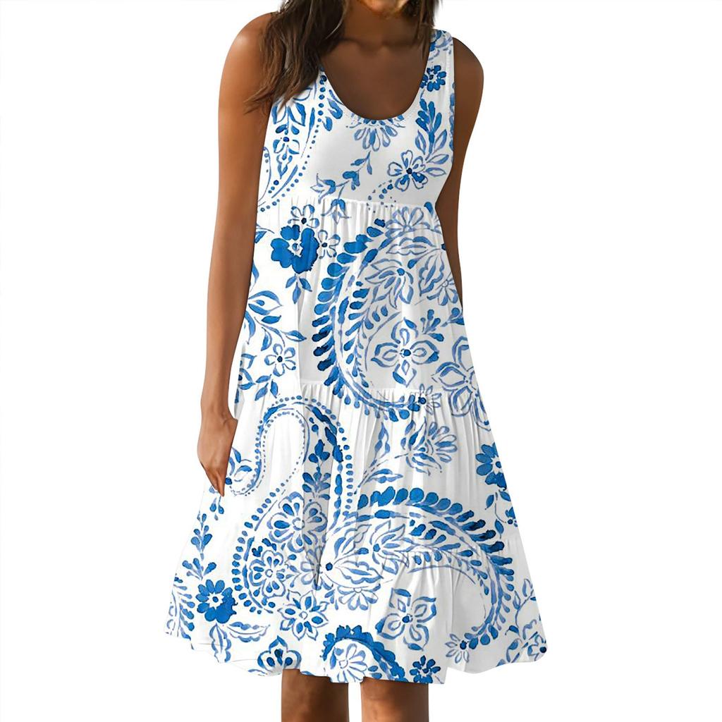 Женские платья-жилеты Лето-весна Плиссированные богемные платья Симпатичные струящиеся пляжные платья без рукавов Прямая футболка Платья-майки Платья с круглым вырезом