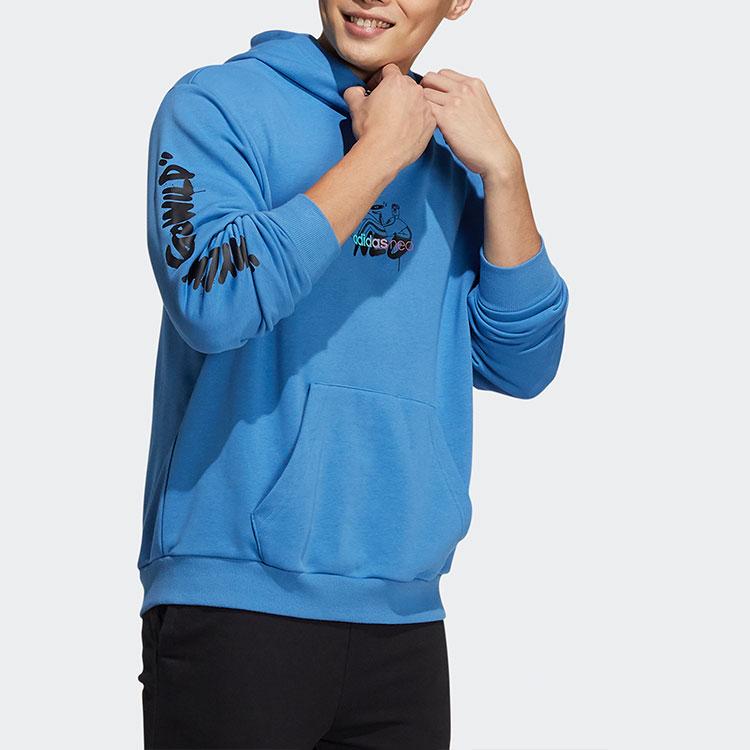 Adidas Neo Graffiti Logo Printed Hoodie Soft Breathable Casual Long Sleeve Pullover Sweatshirt Men Blue HH8981