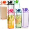 Set of 6 Plastic Milk Carton Colorful Clear Water Bottle, 17oz Portable Milk Box Leakproof Square Juice Bottle for Outdoor Sports Travel Camping