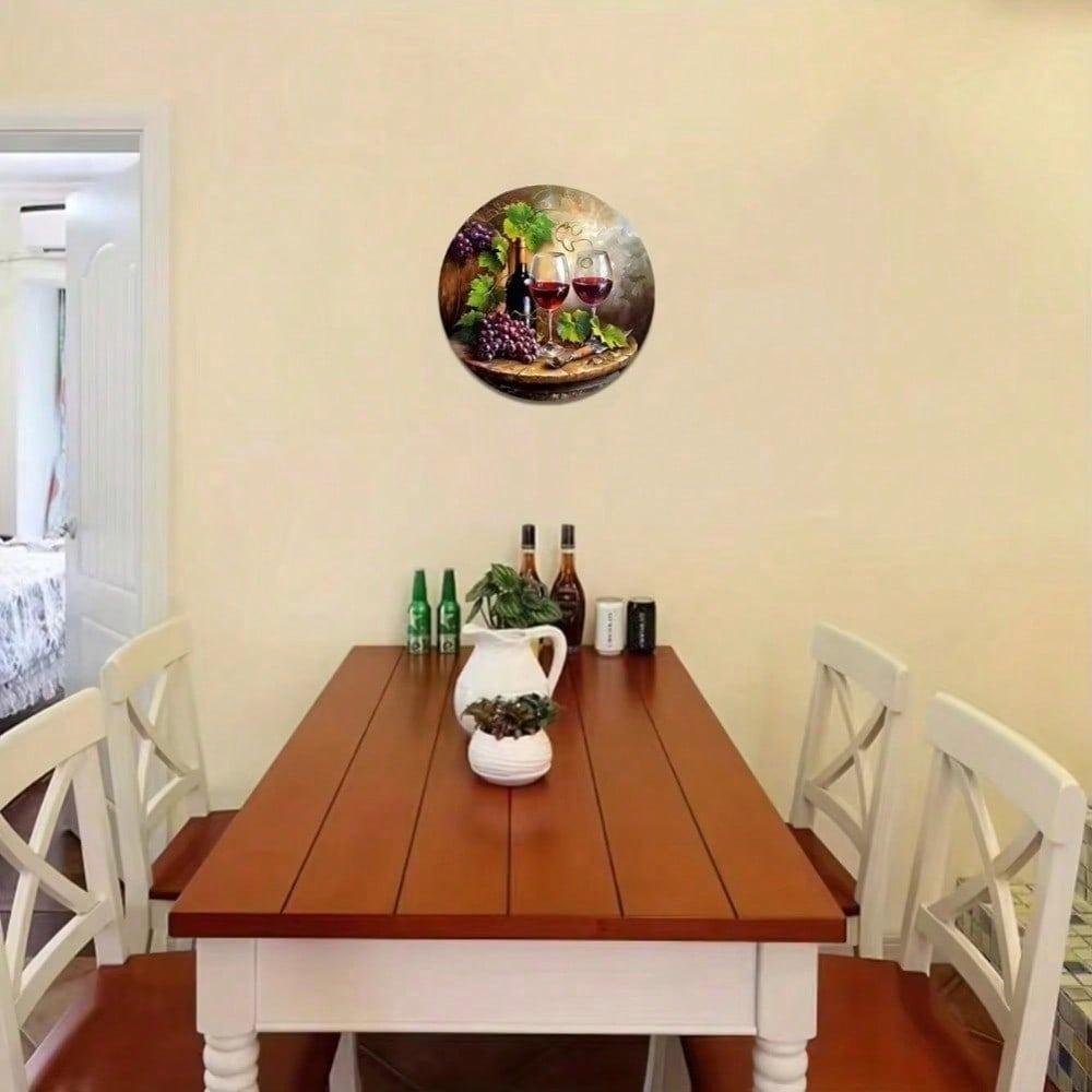 2D Круглая настенная art-декор для винного бара - Элегантный декор с лозой и бокалом - Металлическая жестяная табличка для дома, ресторана, кухни