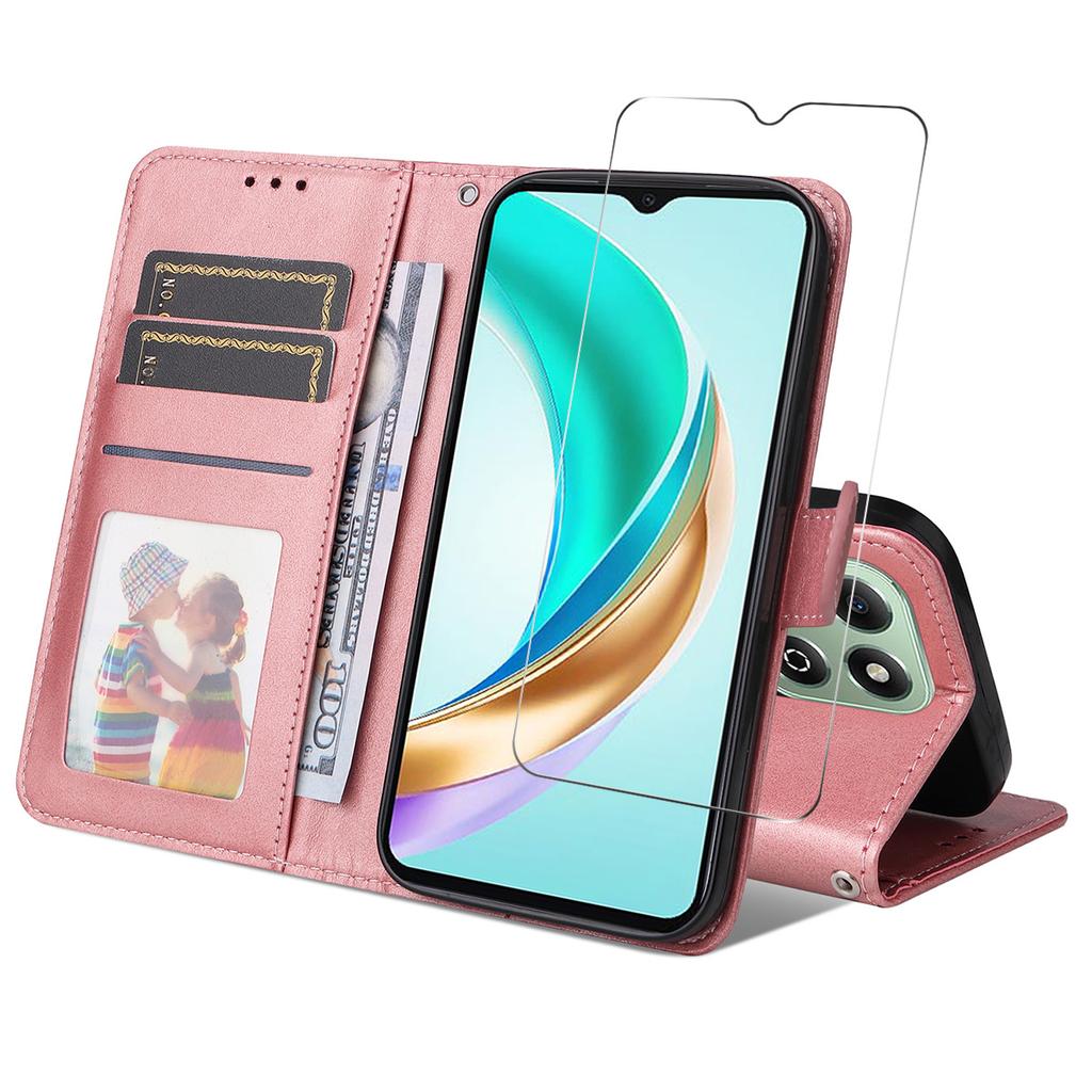 For Honor X6b 4G/Honor X5b Plus/Honor X6c 4G PU Leather Wallet Case Phone Stand Cover with Tempered Glass