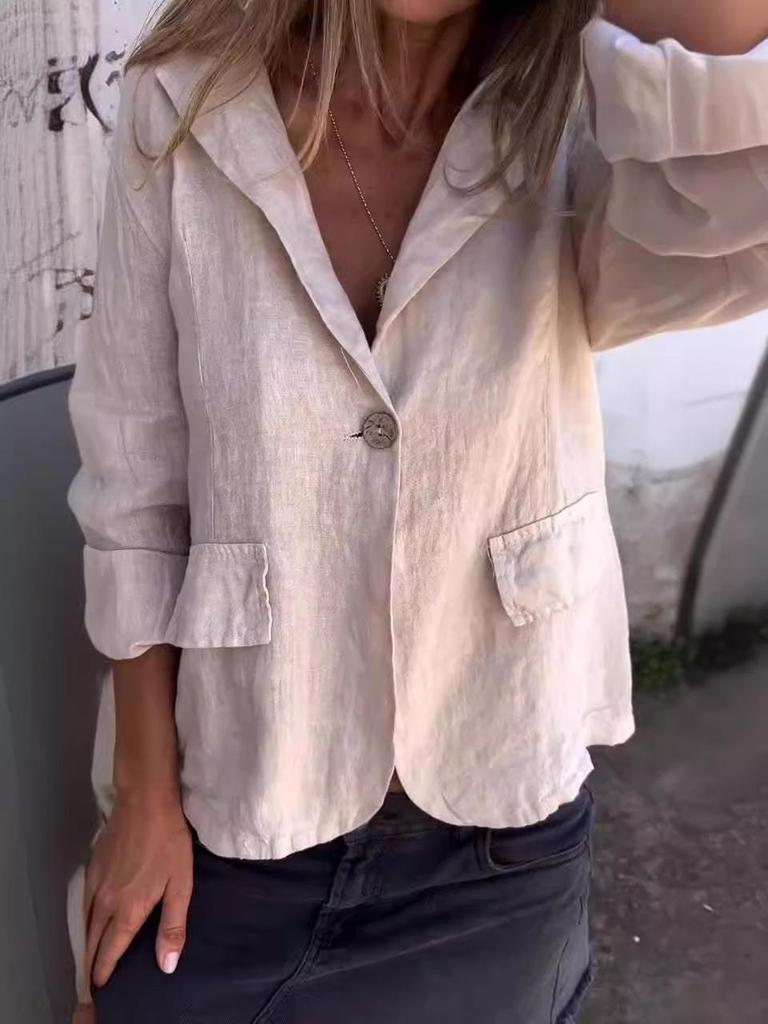2024 Ранняя осень Женский большой размер Свободный пиджак из хлопка и льна с лацканами с вырезом и пуговицами