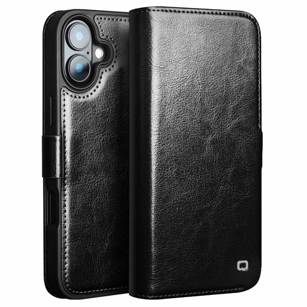 QIALINO For iPhone 16 Case TPU+Genuine Cow Leather Wallet Phone Cover