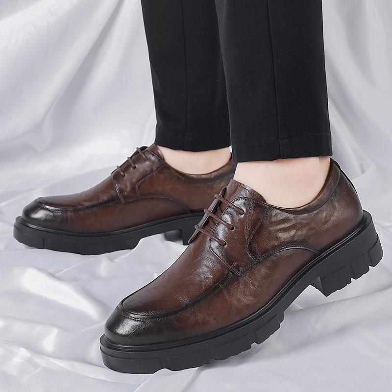 Мужские повседневные кожаные туфли на толстой подошве в британском стиле со средним каблуком Мужские оксфордские туфли Кожаные туфли Туфли на шнуровке Черные туфли